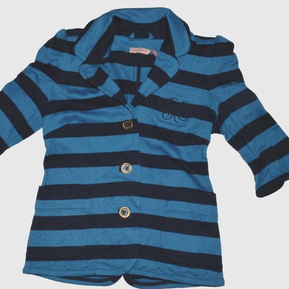 JUICY COUTURE Y2K 2000 SZ S SMALL BLUE STRIPED 3/4 SLEEVE MONOGRAM BLAZER JACKET - Picture 2 of 5